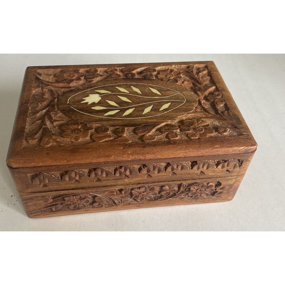 Vintage Indian Hand Carved Sheesham Wood Hinged Jewelry Box – Floral inlay